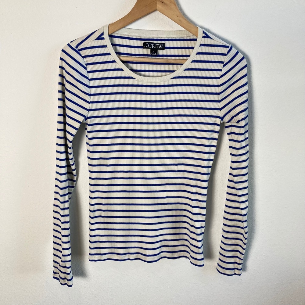 J Crew Womens Small Striped Ribbed Long Sleeve T Shirt Cream Blue Y2K Core